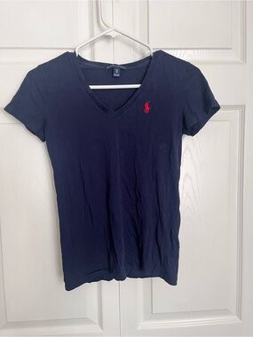 Ralph Lauren Navy V-Neck Tee with Red Pony Logo